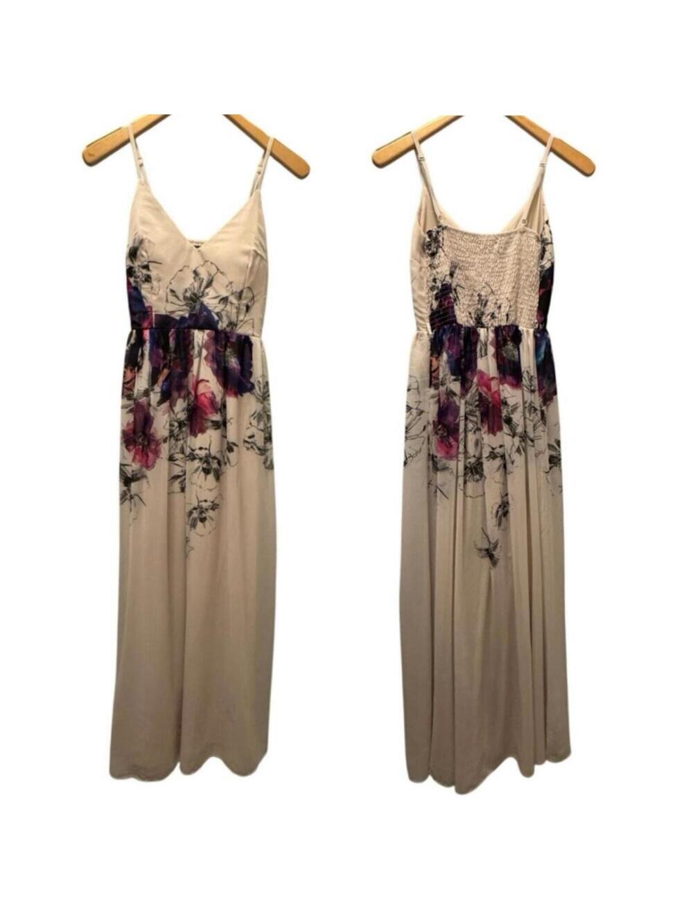 Little Mistress Women's Maxi Dress Beige Floral Sleeveless Empire Waist Size 6